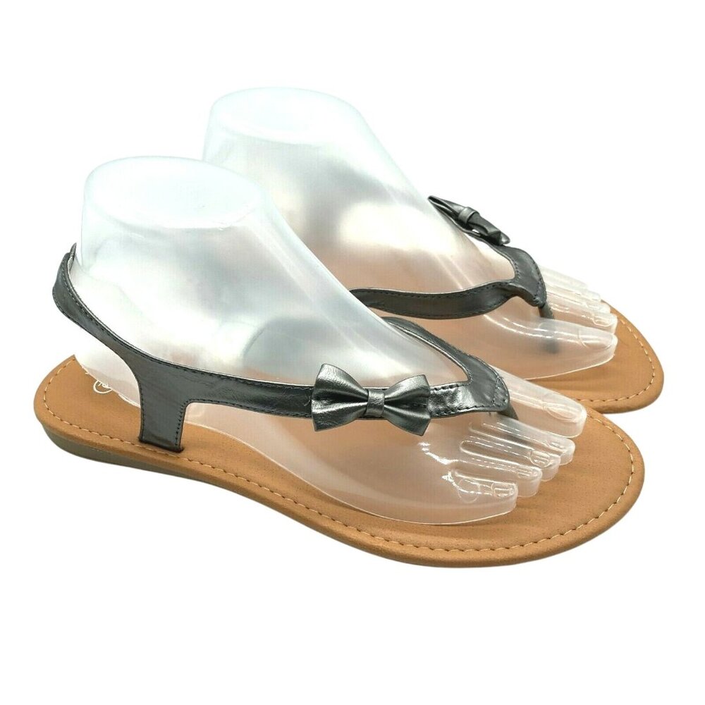 Star Bay Womens Sandals Thong Ankle Strap Bow Faux Leather Gray Size 9